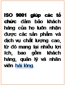 Text Box: ISO 9001 giúp các tổ chức đảm bảo khách hàng của họ luôn nhận được các sản phẩm và dịch vụ chất lượng cao, từ đó mang lại nhiều lợi ích, bao gồm khách hàng, quản lý và nhân viên hài lòng.
