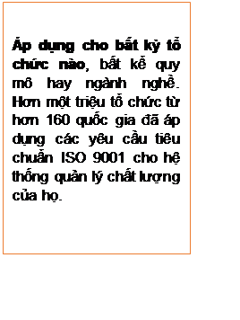 Text Box: Áp dụng cho bất kỳ tổ chức nào, bất kể quy mô hay ngành nghề. Hơn một triệu tổ chức từ hơn 160 quốc gia đã áp dụng các yêu cầu tiêu chuẩn ISO 9001 cho hệ thống quản lý chất lượng của họ.


