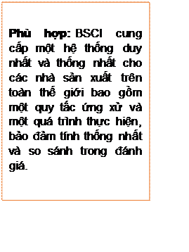 Text Box: Phù hợp: BSCI cung cấp một hệ thống duy nhất và thống nhất cho các nhà sản xuất trên toàn thế giới bao gồm một quy tắc ứng xử và một quá trình thực hiện, bảo đảm tính thống nhất và so sánh trong đánh giá.
