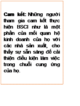Text Box: Cam kết: Những người tham gia cam kết thực hiện BSCI như là một phần của mối quan hệ kinh doanh của họ với các nhà sản xuất, cho thấy sự sẵn sàng để cải thiện điều kiện làm việc trong chuỗi cung ứng của họ.
