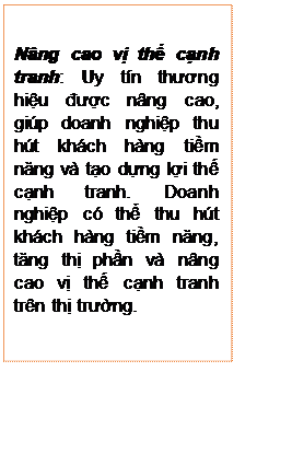 Text Box: Nâng cao vị thế cạnh tranh: Uy tín thương hiệu được nâng cao, giúp doanh nghiệp thu hút khách hàng tiềm năng và tạo dựng lợi thế cạnh tranh. Doanh nghiệp có thể thu hút khách hàng tiềm năng, tăng thị phần và nâng cao vị thế cạnh tranh trên thị trường.

