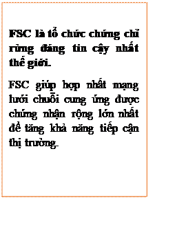 Text Box: FSC là tổ chức chứng chỉ rừng đáng tin cậy nhất thế giới.
FSC giúp hợp nhất mạng lưới chuỗi cung ứng được chứng nhận rộng lớn nhất để tăng khả năng tiếp cận thị trường.
