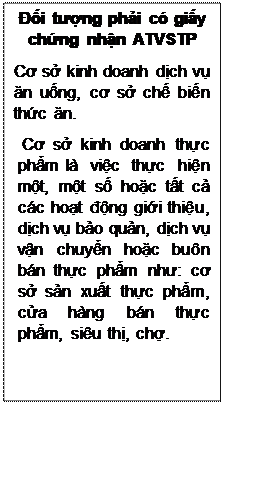 Text Box: Đối tượng phải có giấy chứng nhận ATVSTP
Cơ sở kinh doanh dịch vụ ăn uống, cơ sở chế biến thức ăn.
Cơ sở kinh doanh thực phẩm là việc thực hiện một, một số hoặc tất cả các hoạt động giới thiệu, dịch vụ bảo quản, dịch vụ vận chuyển hoặc buôn bán thực phẩm như: cơ sở sản xuất thực phẩm, cửa hàng bán thực phẩm, siêu thị, chợ.

