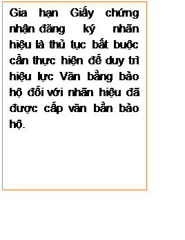 Text Box: Gia hạn Giấy chứng nhận đăng ký nhãn hiệu là thủ tục bắt buộc cần thực hiện để duy trì hiệu lực Văn bằng bảo hộ đối với nhãn hiệu đã được cấp văn bằn bảo hộ.

