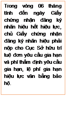 Text Box: Trong vòng 06 tháng tính đến ngày Giấy chứng nhận đăng ký nhãn hiệu hết hiệu lực, chủ Giấy chứng nhận đăng ký nhãn hiệu phải nộp cho Cục Sở hữu trí tuệ đơn yêu cầu gia hạn và phí thẩm định yêu cầu gia hạn, lệ phí gia hạn hiệu lực văn bằng bảo hộ.