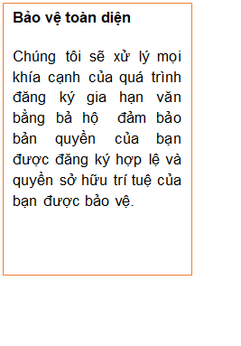 Text Box: Bảo vệ toàn diện
Chúng tôi sẽ xử lý mọi khía cạnh của quá trình đăng ký gia hạn văn bằng bả hộ  đảm bảo bản quyền của bạn được đăng ký hợp lệ và quyền sở hữu trí tuệ của bạn được bảo vệ.

