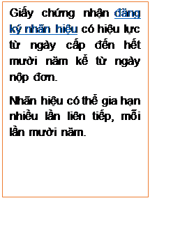 Text Box: Giấy chứng nhận đăng ký nhãn hiệu có hiệu lực từ ngày cấp đến hết mười năm kể từ ngày nộp đơn.
Nhãn hiệu có thể gia hạn nhiều lần liên tiếp, mỗi lần mười năm.


