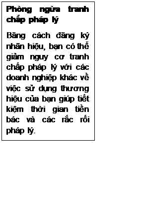 Text Box: Phòng ngừa tranh chấp pháp lý
Băng cách đăng ký nhãn hiệu, bạn có thể giảm nguy cơ tranh chấp pháp lý với các doanh nghiệp khác về việc sử dụng thương hiệu của bạn giúp tiết kiệm thời gian tiền bác và các rắc rối pháp lý.

