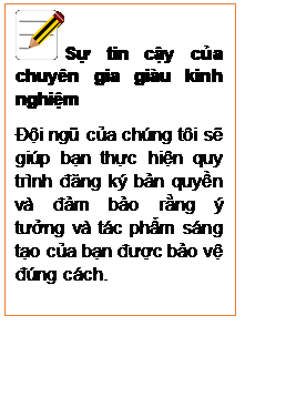 Text Box:  Sự tin cậy của chuyên gia giàu kinh nghiệm
Đội ngũ của chúng tôi sẽ giúp bạn thực hiện quy trình đăng ký bản quyền và đảm bảo rằng ý tưởng và tác phẩm sáng tạo của bạn được bảo vệ đúng cách.
