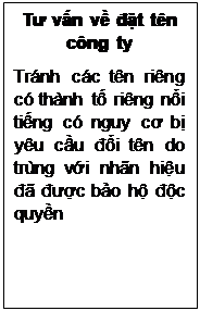 Text Box: Tư vấn về đặt tên công ty
Tránh các tên riêng có thành tố riêng nổi tiếng có nguy cơ bị yêu cầu đổi tên do trùng với nhãn hiệu đã được bảo hộ độc quyền


