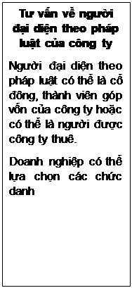 Text Box: Tư vấn về người đại diện theo pháp luật của công ty
Người đại diện theo pháp luật có thể là cổ đông, thành viên góp vốn của công ty hoặc có thể là người được công ty thuê.
Doanh nghiệp có thể lựa chọn các chức danh 
