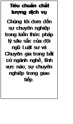 Text Box: Tiêu chuẩn chất lượng dịch vụ
Chúng tôi đem đến sự chuyên nghiệp trong kiến thức pháp lý sâu sắc của đội ngũ Luật sư và Chuyên gia trong bất cứ ngành nghề, lĩnh vực nào; sự chuyên nghiệp trong giao tiếp.
