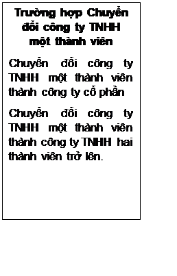 Text Box: Trường hợp Chuyển đổi công ty TNHH một thành viên
Chuyển đổi công ty TNHH một thành viên thành công ty cổ phần
Chuyển đổi công ty TNHH một thành viên thành công ty TNHH hai thành viên trở lên.

