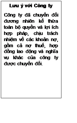 Text Box: Lưu ý với Công ty
Công ty đã chuyển đổi đương nhiên kế thừa toàn bộ quyền và lợi ích hợp pháp, chịu trách nhiệm về các khoản nợ, gồm cả nợ thuế, hợp đồng lao động và nghĩa vụ khác của công ty được chuyển đổi.

