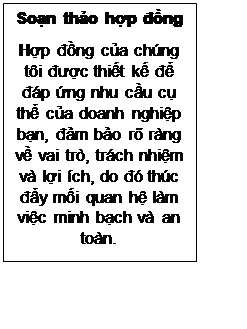 Text Box: Soạn thảo hợp đồng
Hợp đồng của chúng tôi được thiết kế để đáp ứng nhu cầu cụ thể của doanh nghiệp bạn, đảm bảo rõ ràng về vai trò, trách nhiệm và lợi ích, do đó thúc đẩy mối quan hệ làm việc minh bạch và an toàn.
